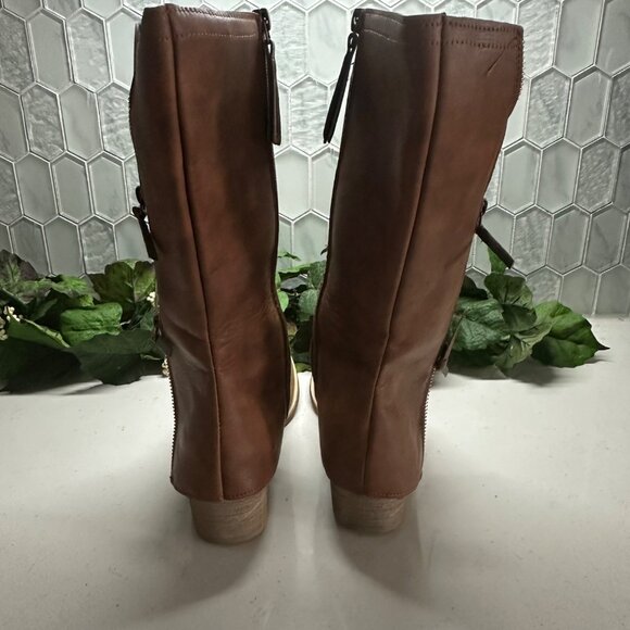 Brown Leather Knee-High Boots With Dual Zipper Closure & Block Heel - Picture 7 of 13